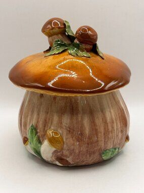 Vintage Italian ceramic mushroom canister cookie jar 3D forest 1970s retro 6"